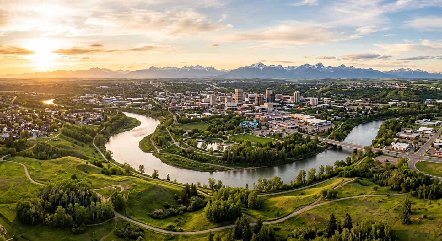 Red Deer Alberta cityscape with rolling parkland hills, Red Deer River winding through the city, Rocky Mountains visible on the western horizon, golden prairie light