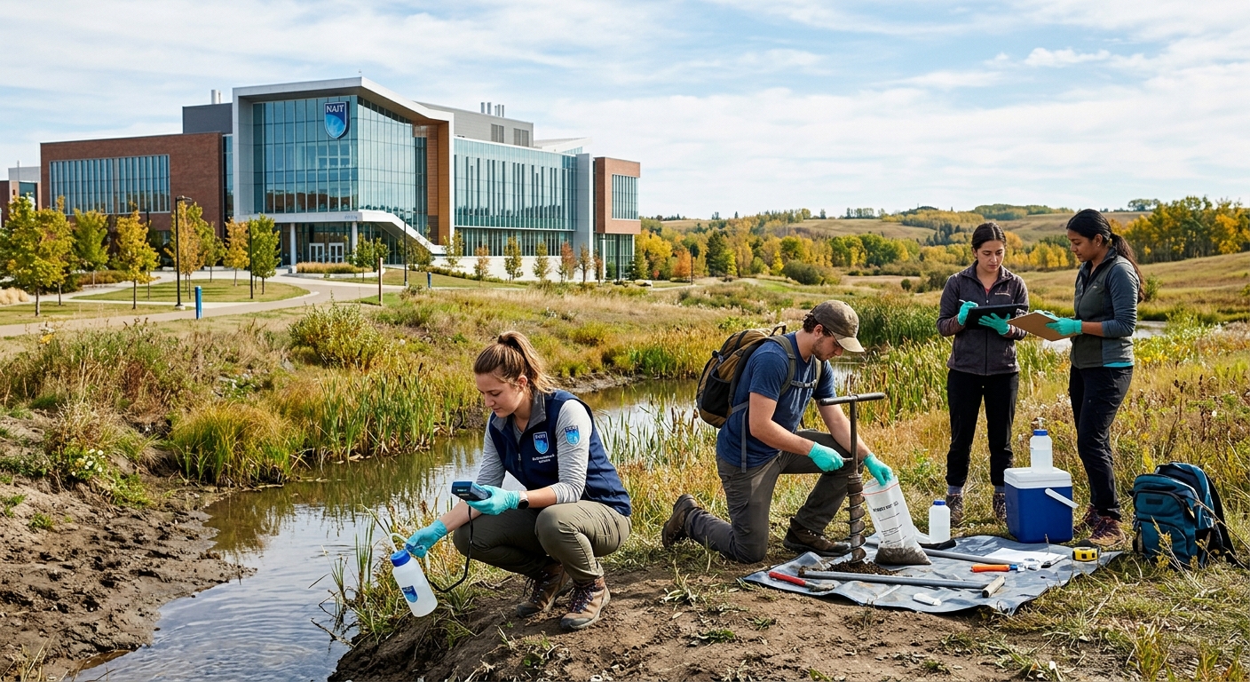 NAIT campus in Edmonton Alberta with modern polytechnic buildings, environmental science students conducting outdoor fieldwork collecting water and soil samples, Canadian prairie landscape in background