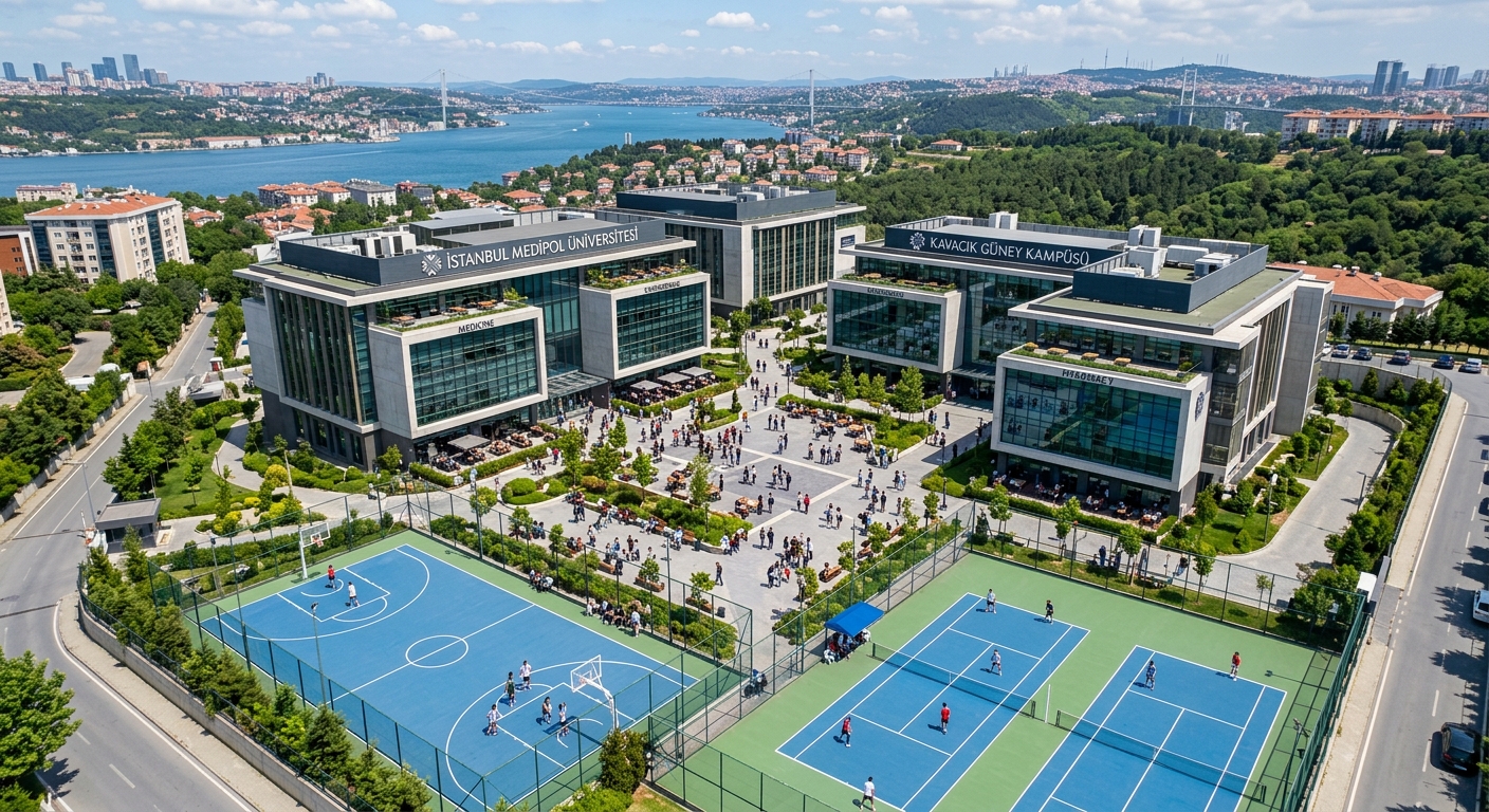 Istanbul Medipol University Kavacık South Campus with faculty buildings, outdoor basketball and tennis courts, students socializing in a courtyard