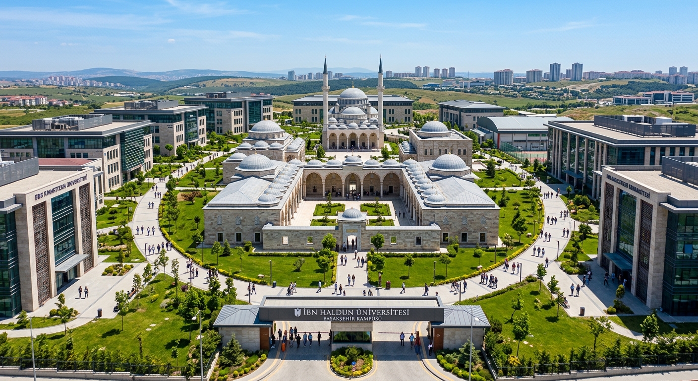 Ibn Haldun University Başakşehir campus wide-shot, Ottoman madrasah-inspired architecture with modern faculty buildings, green courtyards, and student walkways under clear Istanbul sky
