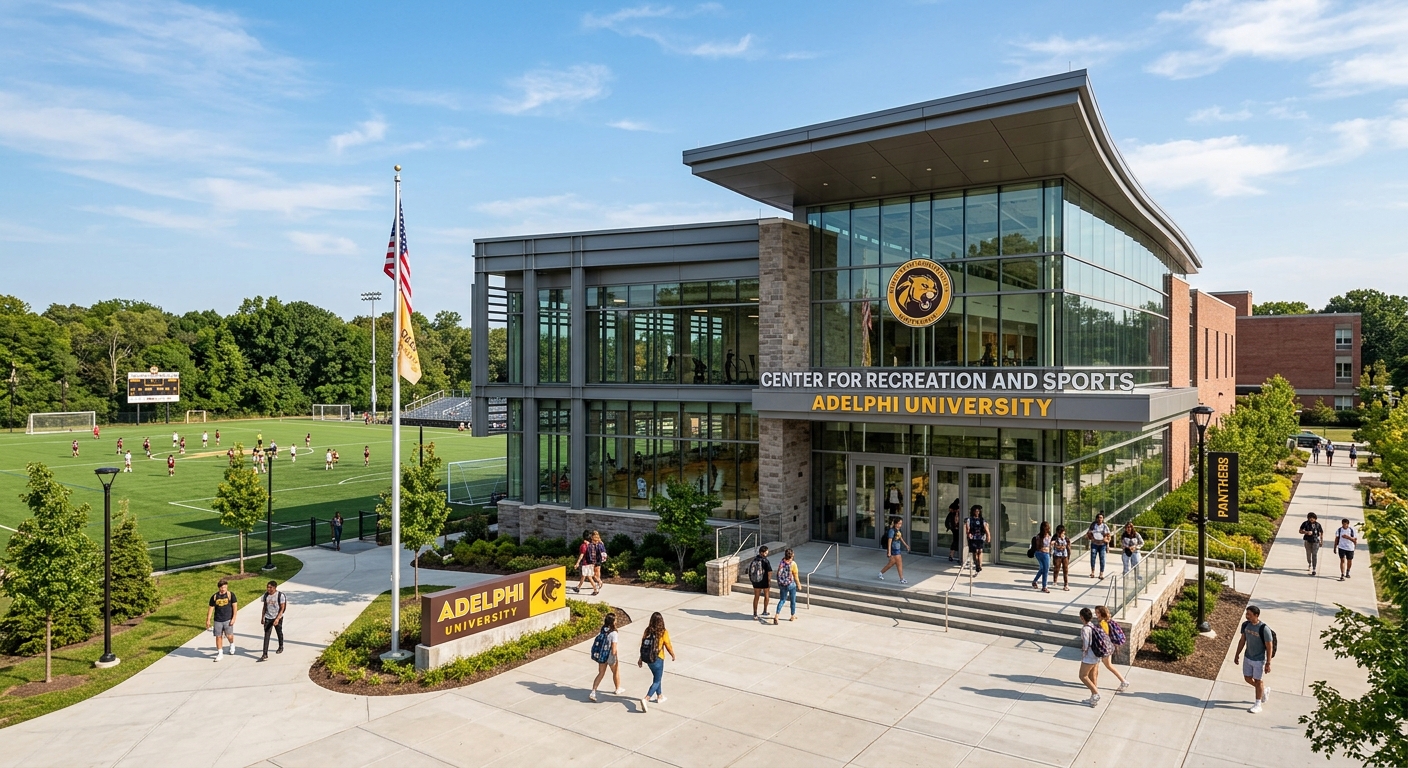 Center for Recreation and Sports at Adelphi University, modern glass and steel athletic facility, students entering through main entrance, outdoor athletic field visible