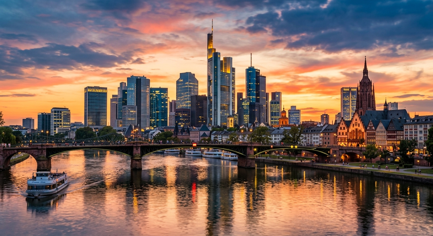 Frankfurt am Main skyline at sunset, modern glass skyscrapers of the financial district reflecting golden light, River Main in foreground with historic Alte Brücke bridge, Römerberg old town visible