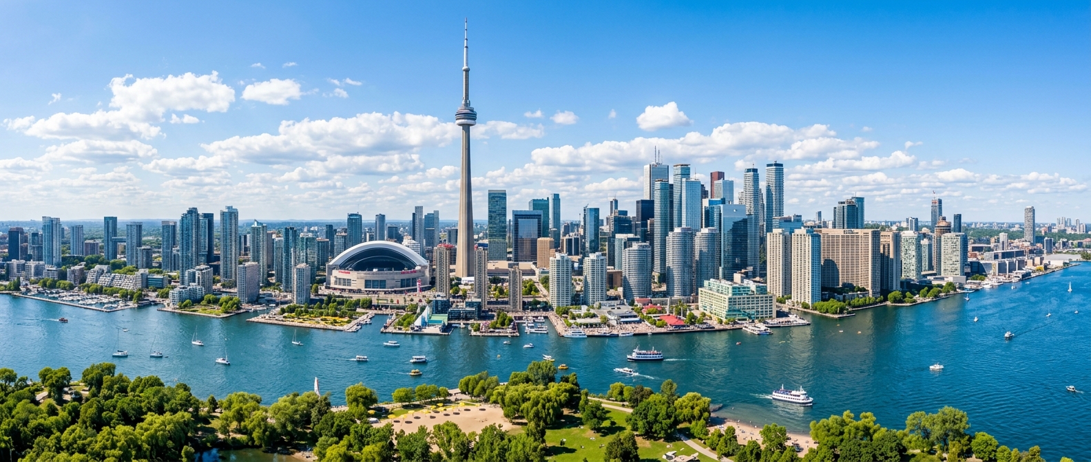 Toronto city skyline panorama, CN Tower prominent, Lake Ontario waterfront, modern glass skyscrapers, green parks, vibrant urban landscape, clear day