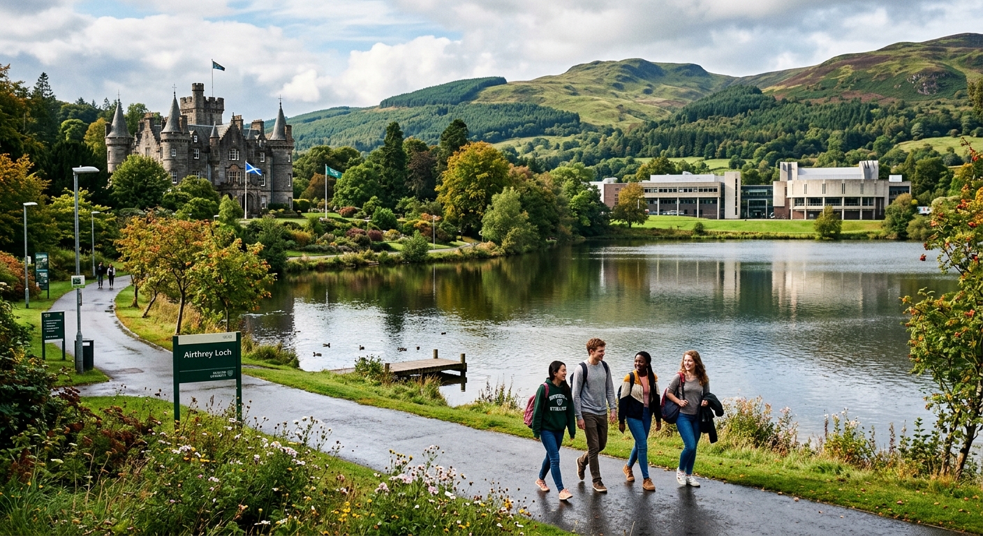 University of Stirling campus with historic Airthrey Castle, lush green Scottish Highlands landscape, modern university buildings, and international students walking along tree-lined pathways near Airthrey Loch