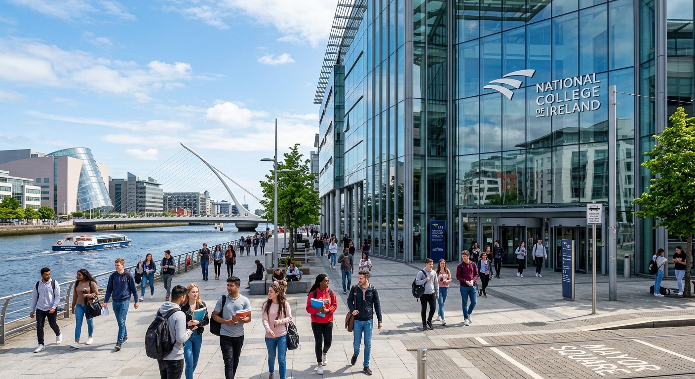 Modern National College of Ireland campus building at Mayor Square in Dublin's IFSC Docklands area, glass facade reflecting the River Liffey, students walking across the urban plaza on a bright day
