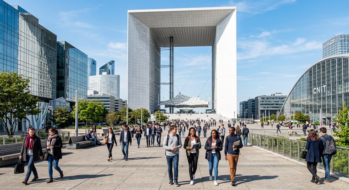 La Grande Arche de la Défense modern campus building, glass facades, open plaza with students walking, sunny day in Paris business district