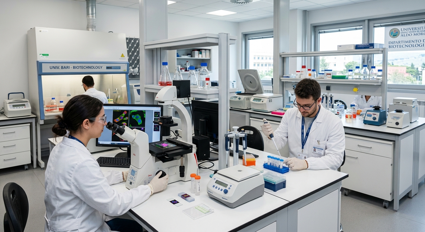 Science laboratory at University of Bari, researchers working with modern equipment, microscopes, clean white lab environment, biotechnology research