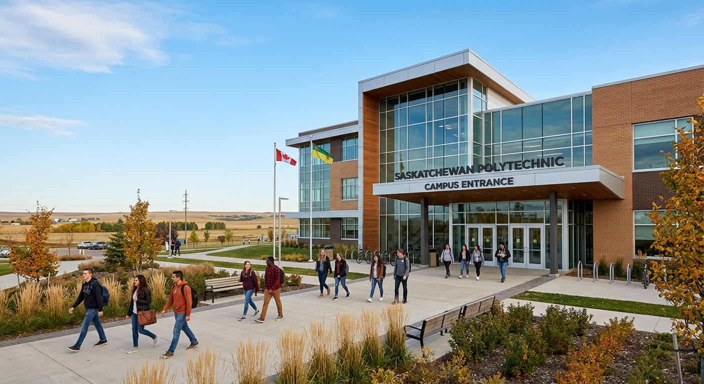 Saskatchewan Polytechnic campus building in Saskatchewan Canada, modern polytechnic institution with students walking near entrance, clear sky, Canadian prairie landscape in background