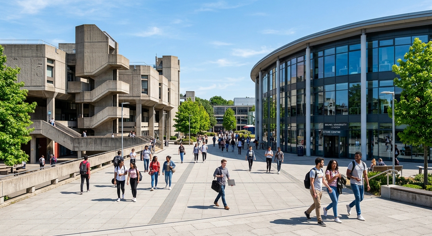 Brunel University London modern lecture centre and central plaza with students walking between brutalist concrete buildings on a sunny day