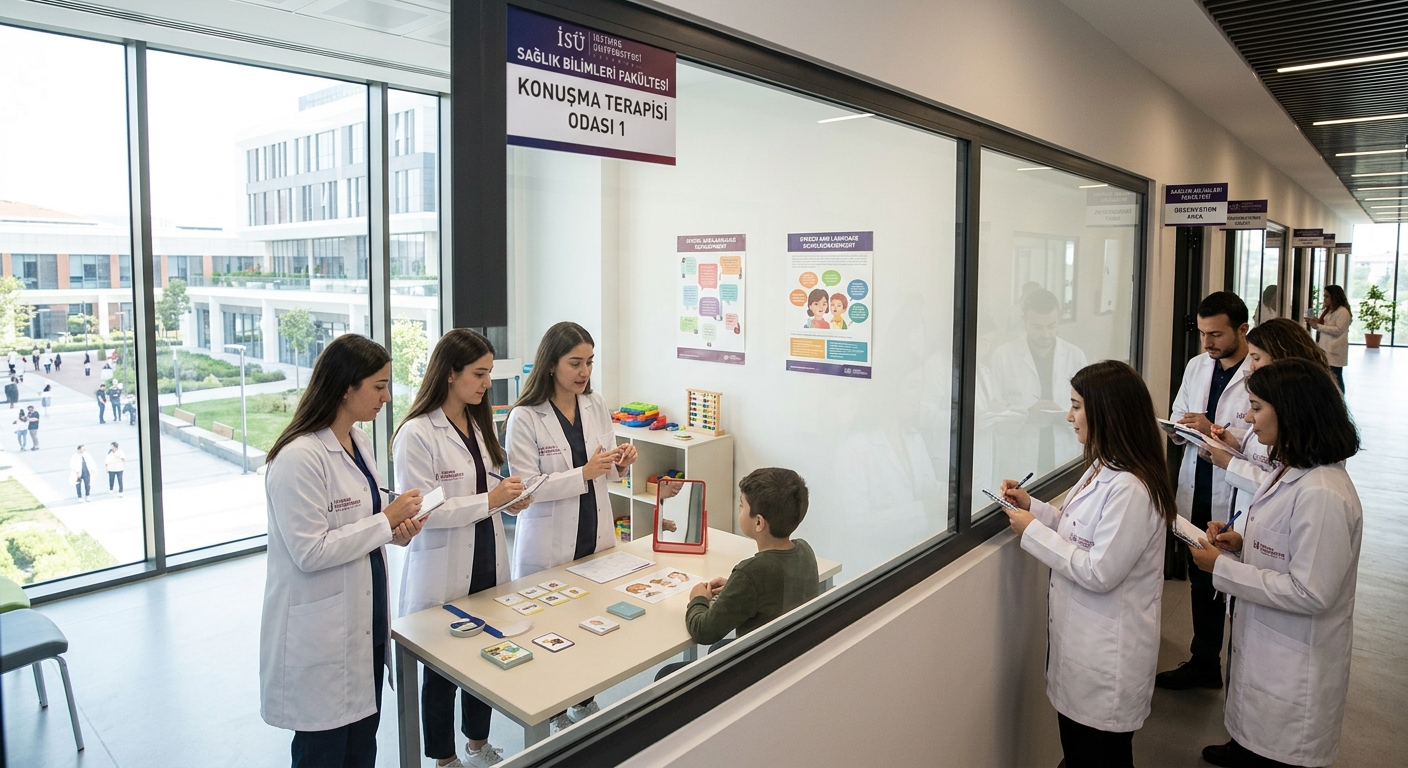 Modern university health sciences building at Istinye University Istanbul, clinical therapy rooms with observation windows, students in white coats practicing speech therapy techniques, bright and professional medical campus environment