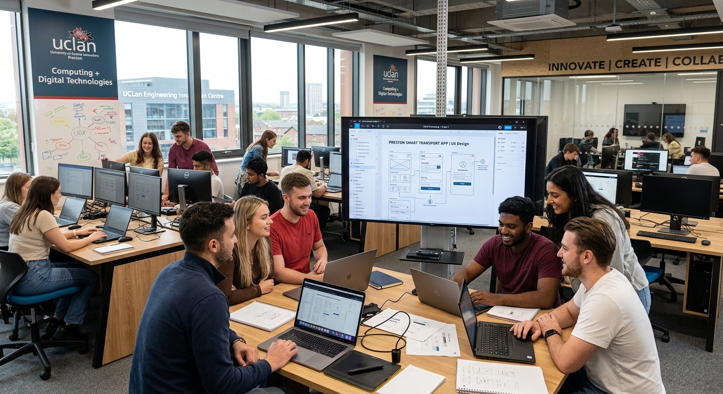 Modern university campus in Preston, Lancashire, students collaborating on digital design projects in a bright open-plan computing lab with large screens displaying UX wireframes and prototypes