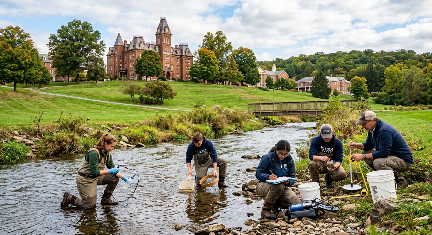 Scenic 300-acre Wilson College campus in Chambersburg Pennsylvania with historic Victorian buildings, green rolling hills, Conococheague Creek, and students conducting outdoor environmental science fieldwork