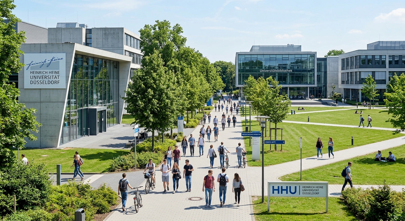 Modern campus of Heinrich Heine University Düsseldorf with contemporary architecture, green lawns, students walking between faculty buildings, bright daylight, trees lining pathways in the Bilk district