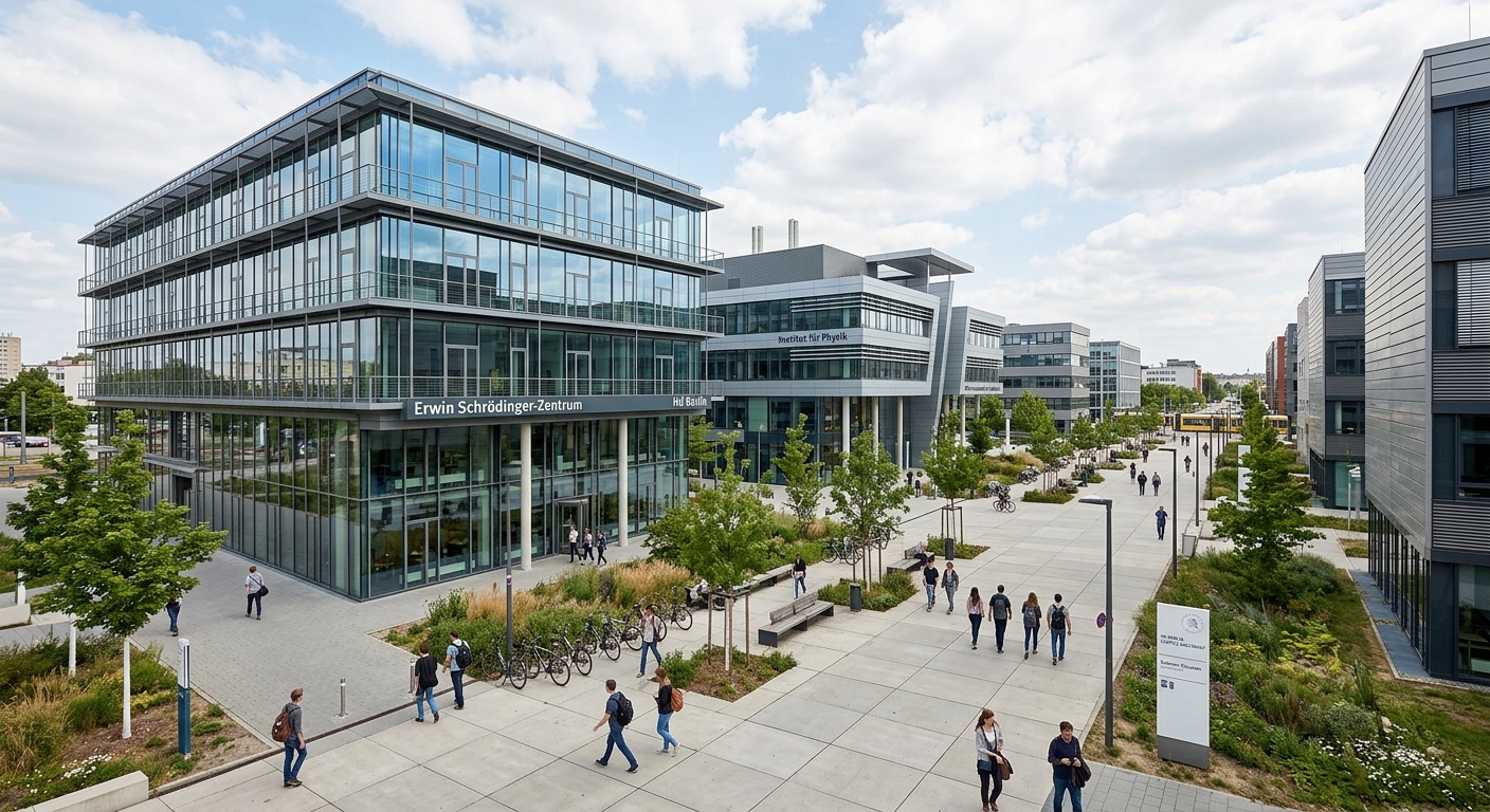 Humboldt University Campus Adlershof modern science buildings, glass and steel architecture, research park setting, wide pedestrian paths, contemporary design in southeast Berlin