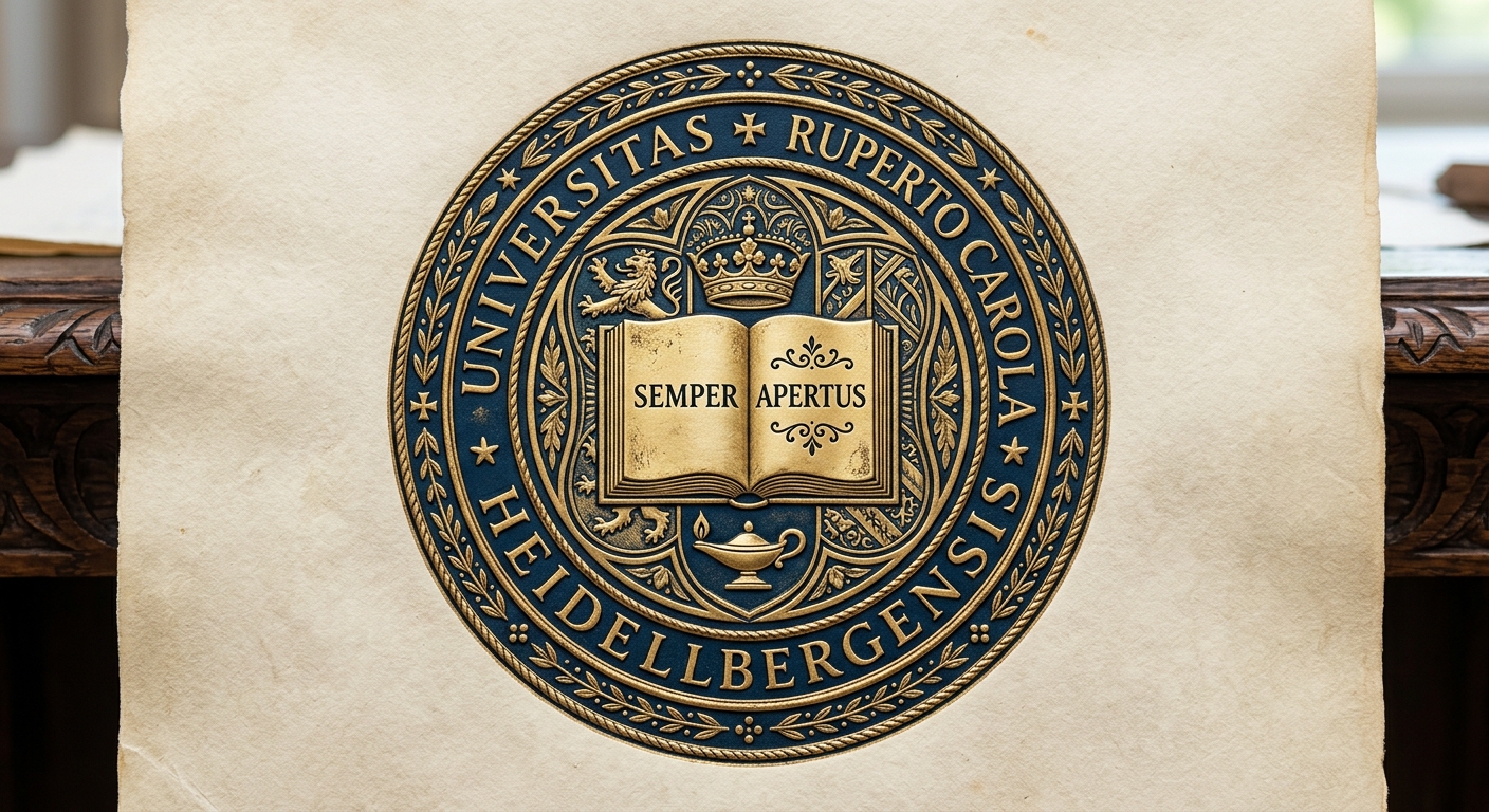Heidelberg University official seal featuring an open book with the motto Semper Apertus, surrounded by a circular border with the Latin name Universitas Ruperto Carola Heidelbergensis
