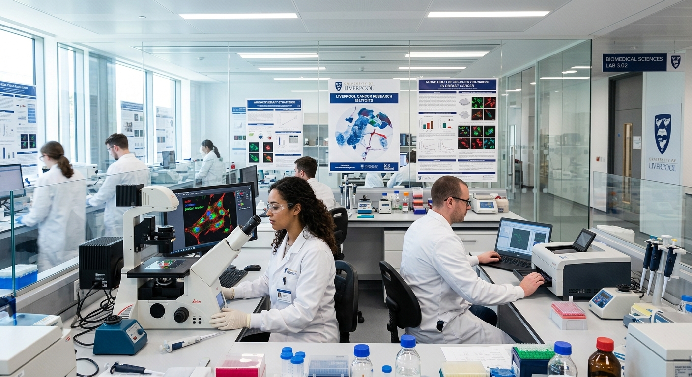 Modern biomedical research laboratory at University of Liverpool with scientists using microscopes and cell imaging equipment, bright clinical lighting, glass-walled lab spaces with cancer research posters visible