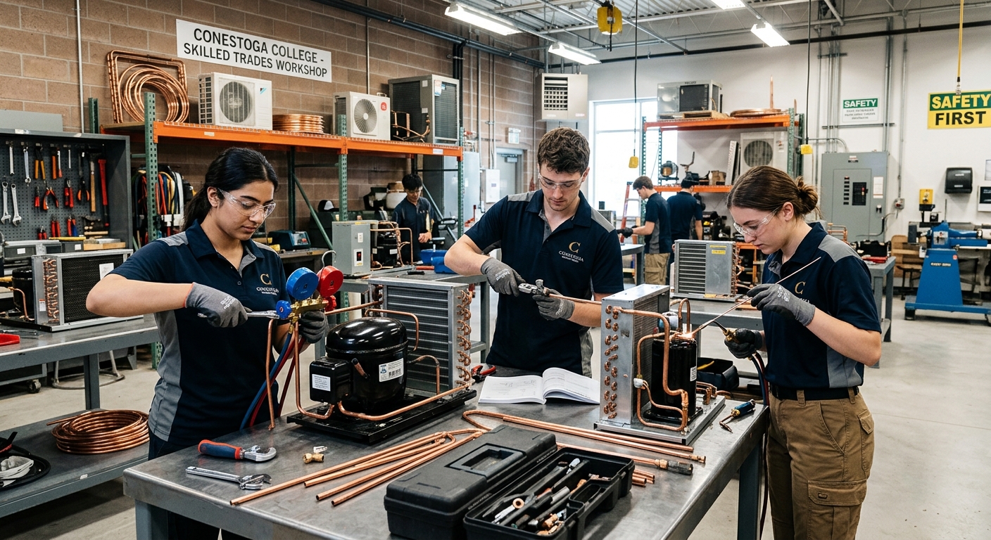 Students working on HVAC equipment in a modern skilled trades workshop, copper piping and refrigeration units visible, safety glasses and tools in use, bright industrial lighting at Conestoga College