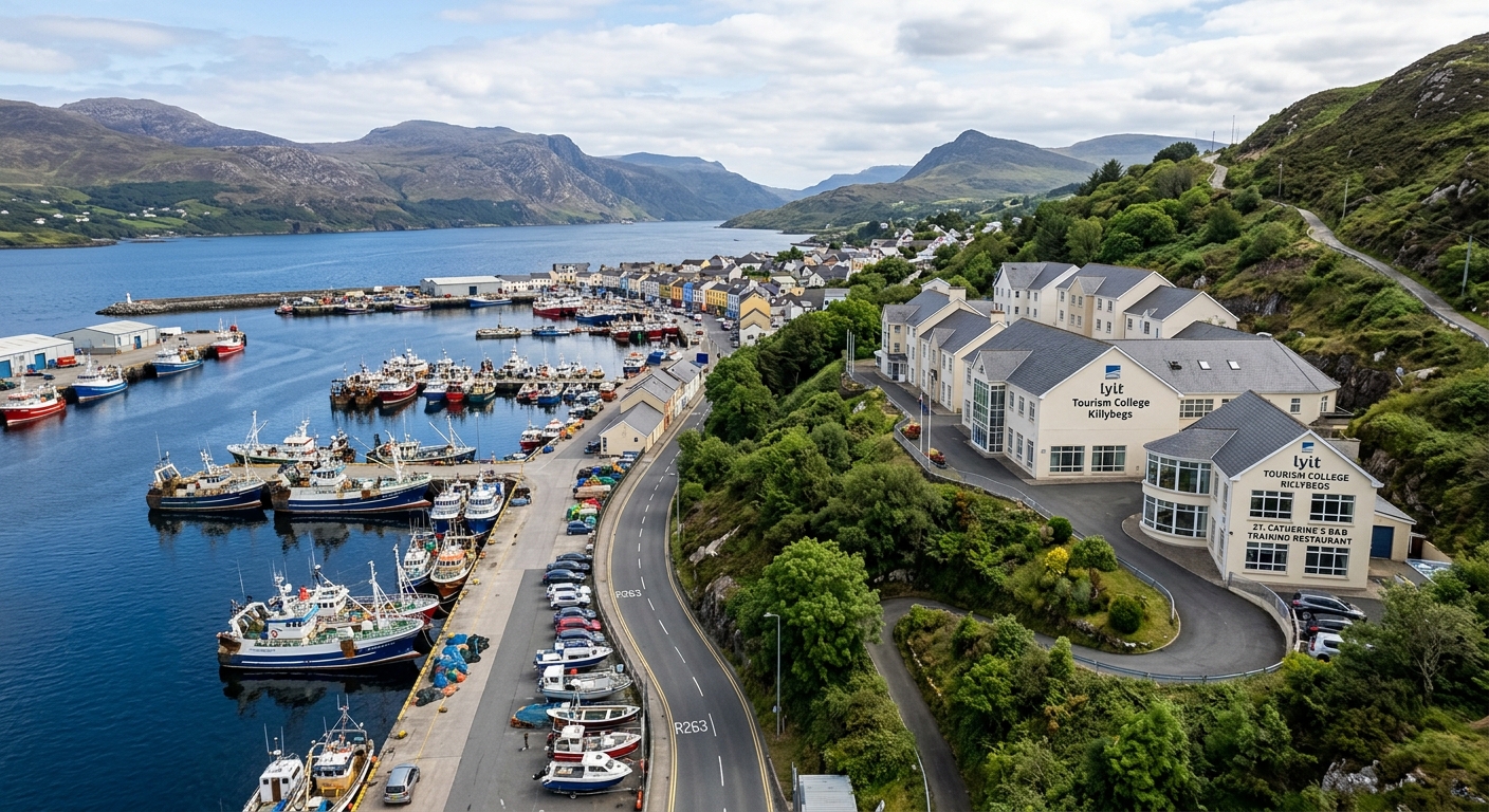 Tourism College Killybegs campus overlooking Killybegs Harbour, training kitchens and restaurant building on coastal hillside with fishing boats in harbour below