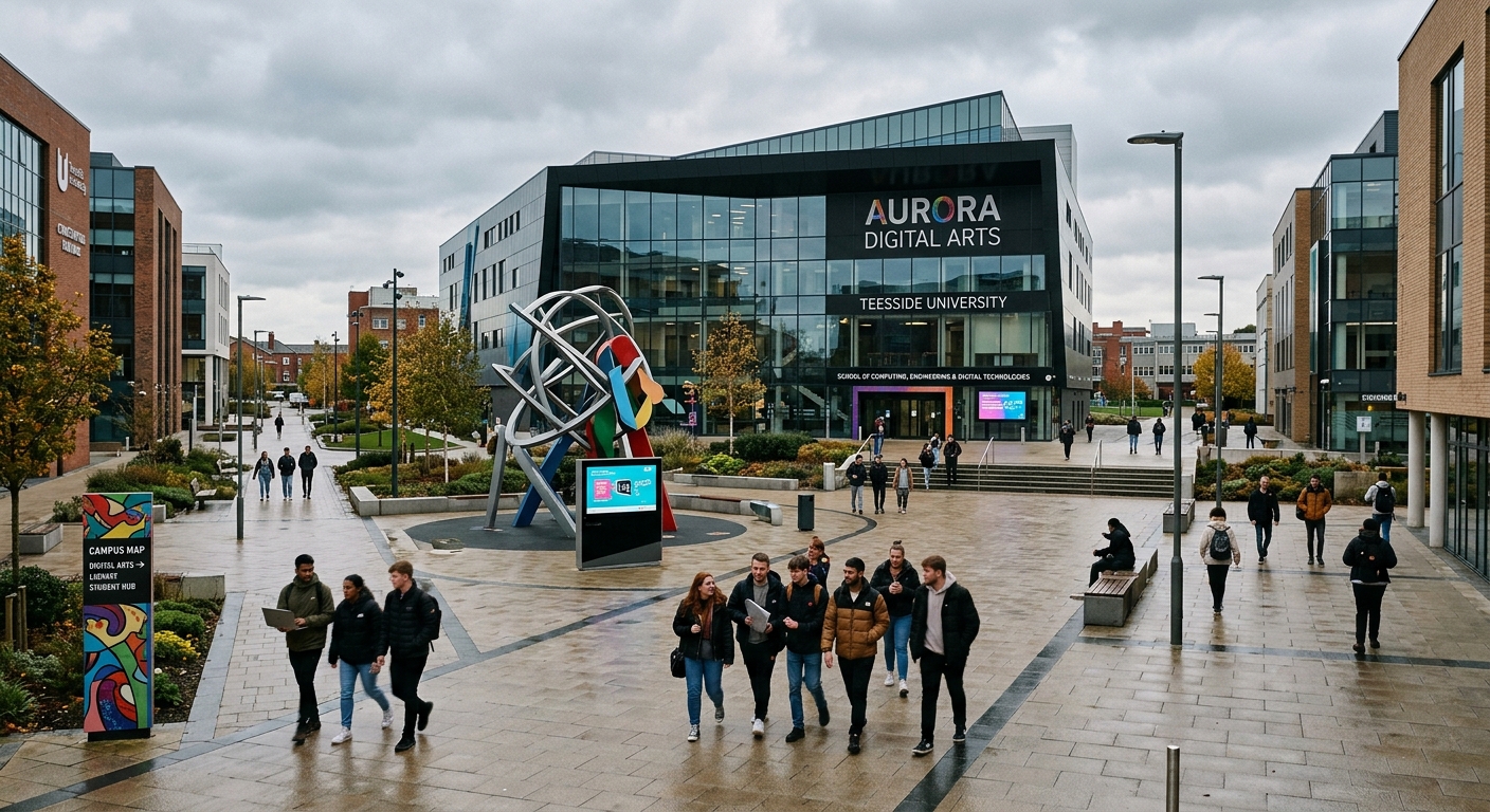 Teesside University campus in Middlesbrough with modern digital arts building, students walking through contemporary courtyard, creative signage and public art installations visible, overcast English sky