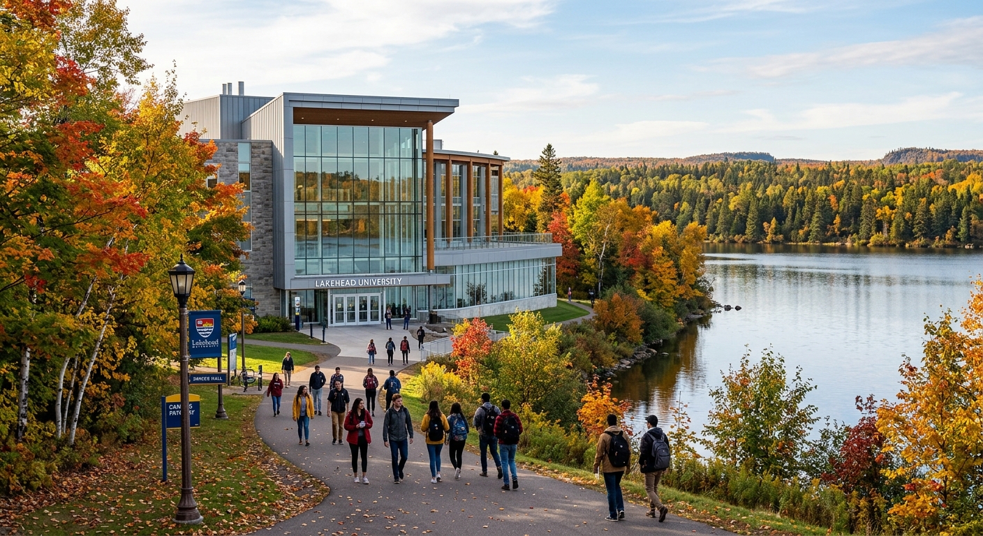 Lakehead University modern academic building with glass facade overlooking Lake Tamblyn, students walking on tree-lined pathways in autumn, boreal forest in background