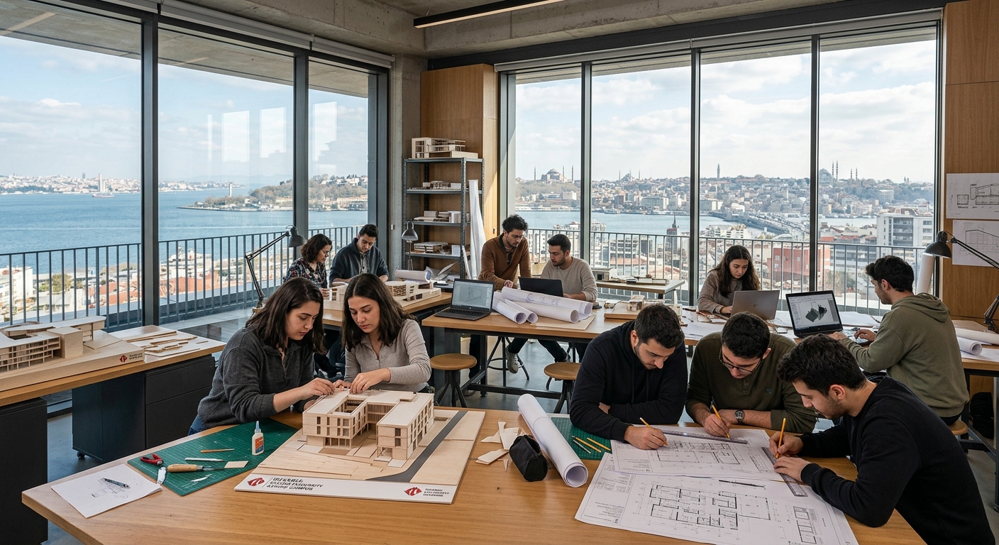 Modern architectural engineering studio at Istanbul Kültür University Ataköy Campus, students working on building models and technical drawings, natural light streaming through large windows, Istanbul skyline visible in background