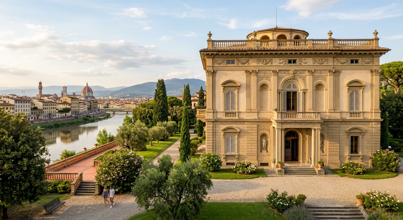 Villa Favard exterior, elegant neoclassical Renaissance villa with arched windows and ornate facade, green gardens along the Arno river in Florence, warm afternoon light