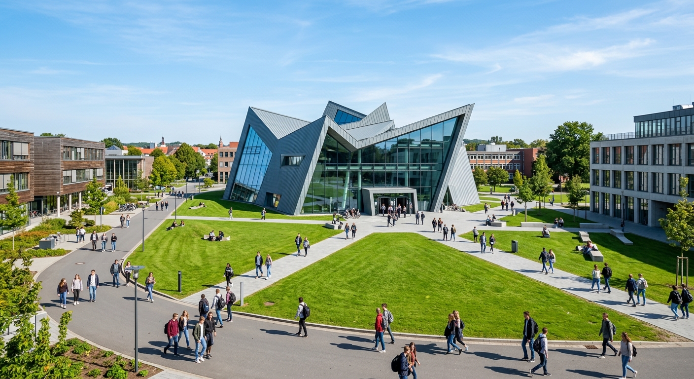 Modern Leuphana University campus in Lüneburg Germany with the iconic Daniel Libeskind central building, green lawns, students walking between contemporary academic buildings under clear skies