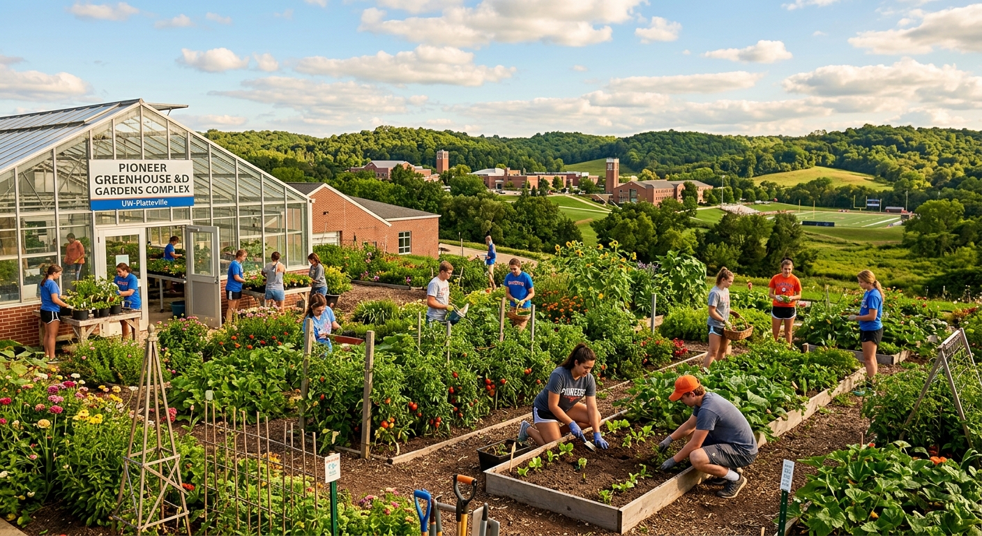 University of Wisconsin-Platteville campus with Pioneer Greenhouse and Gardens Complex, students working in lush green gardens and greenhouse, rolling Wisconsin hills in the background, warm sunlight