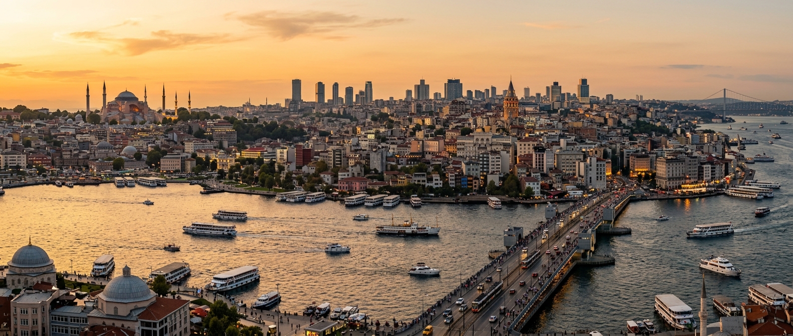 Panoramic view of Istanbul skyline featuring the Bosphorus strait, historic mosques and minarets, modern skyscrapers, Galata Bridge, boats on the water, golden hour lighting