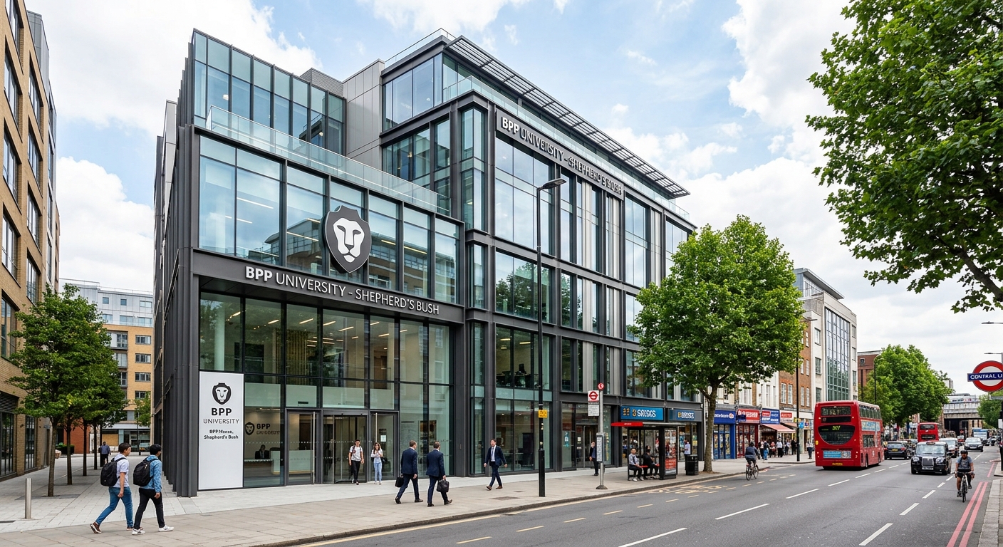 BPP University Shepherd's Bush campus exterior, BPP House modern office building on Uxbridge Road, professional urban setting in West London