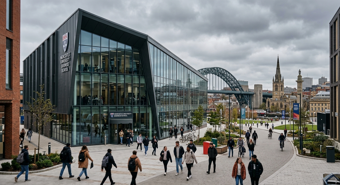 Newcastle University Business School modern building at Newcastle Helix campus, glass facade with students walking outside, urban cityscape of Newcastle upon Tyne in the background, overcast British sky