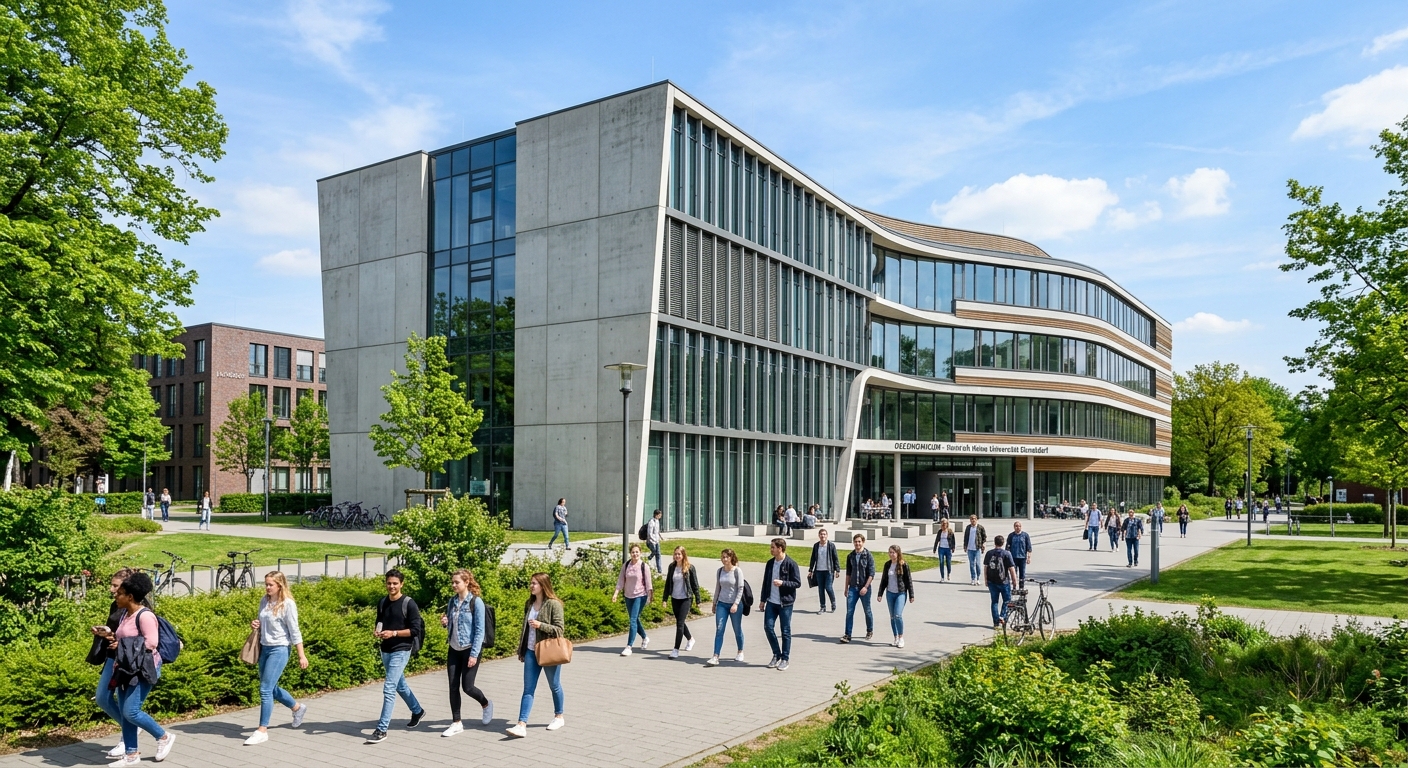 Modern Oeconomicum building at Heinrich Heine University Düsseldorf campus, contemporary glass and concrete architecture, students walking on pathways surrounded by green landscaping, bright daylight with blue sky