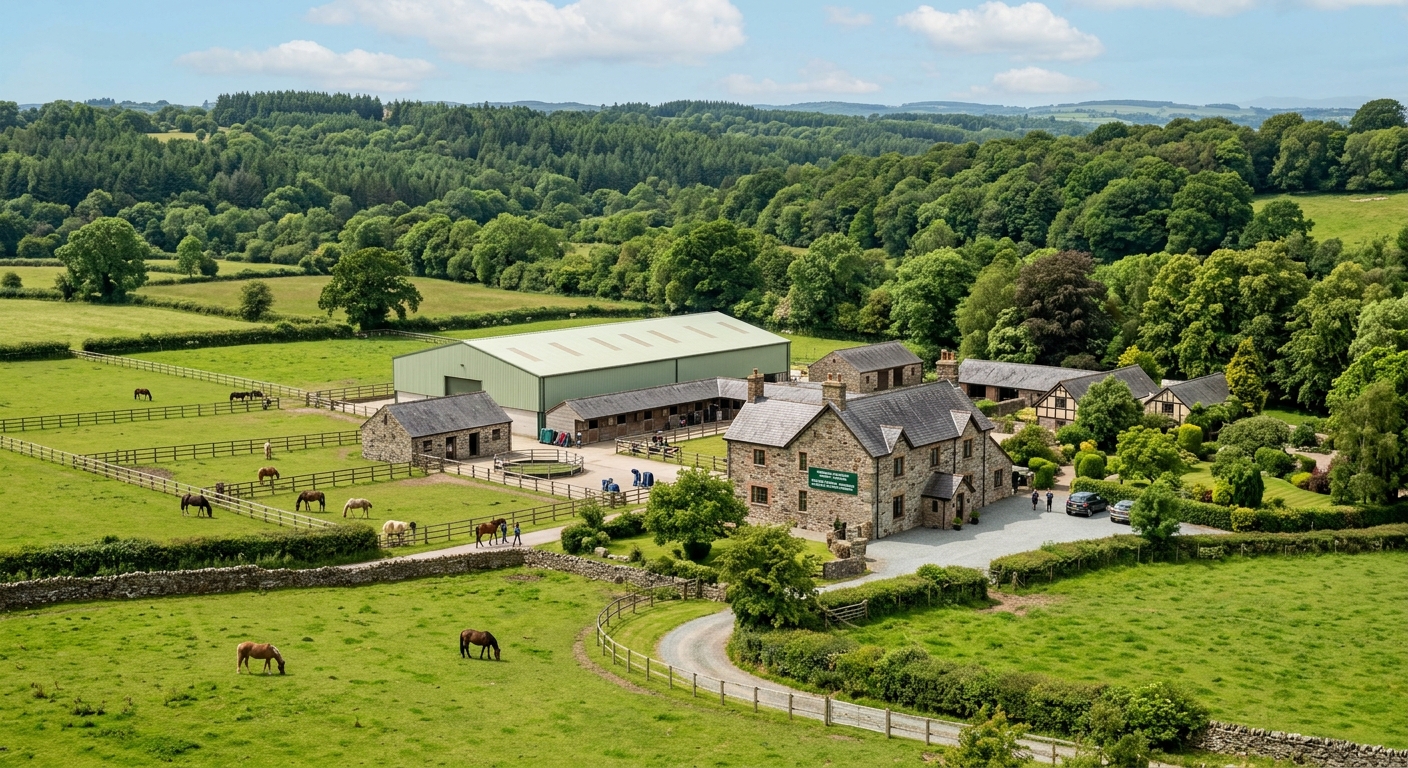 Wrexham University Northop Campus rural setting with green fields, equine facilities, paddocks, and a traditional Welsh stone building surrounded by woodland