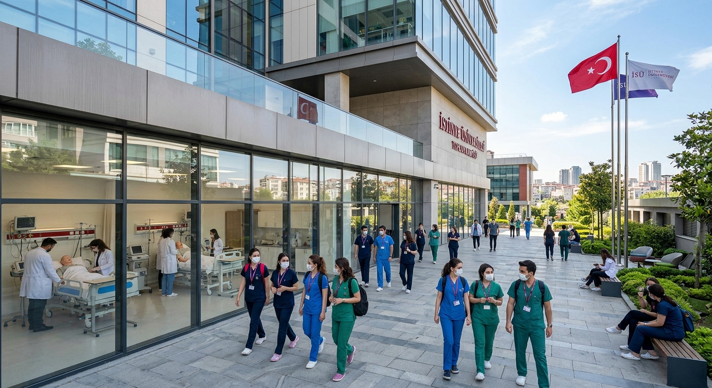 Modern Istinye University Topkapi campus building in Istanbul with health sciences students walking through the courtyard, clinical simulation labs visible through glass windows, Turkish flag in background, bright daylight