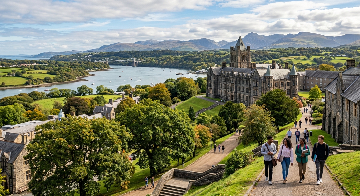 Bangor University campus with historic stone buildings set against the backdrop of Snowdonia mountains and the Menai Strait, North Wales coastline, lush green landscape with students walking along tree-lined paths