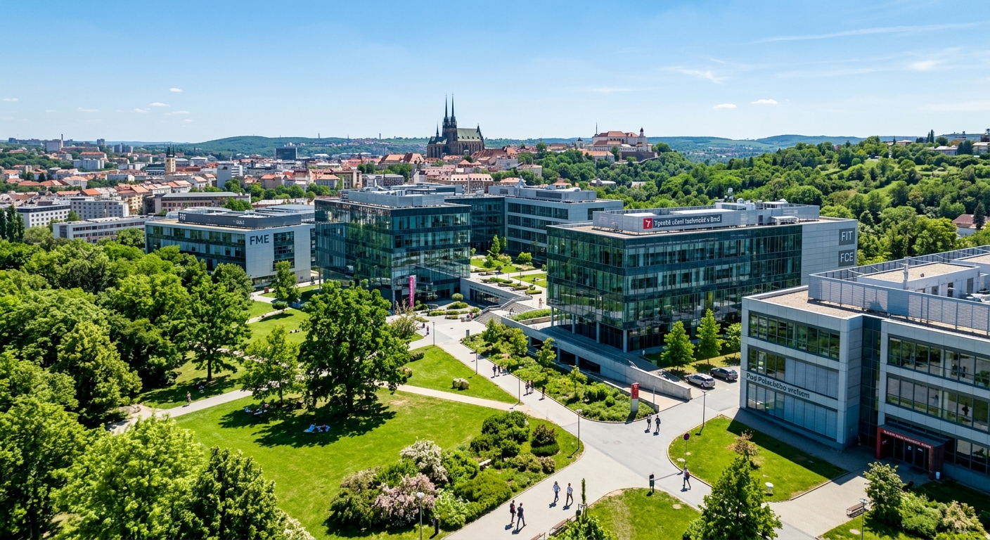 Brno University of Technology main campus Pod Palackeho Vrchem, modern university buildings with glass facades surrounded by green spaces, Brno cityscape in background, clear blue sky