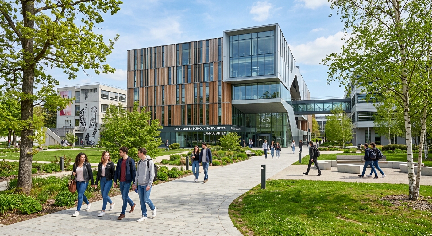 ICN Business School Nancy Artem campus, contemporary architectural design, shared campus with art and engineering schools, green spaces and modern buildings, students walking on campus
