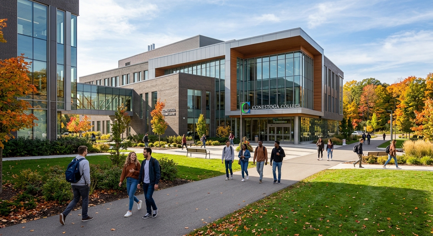 Modern college campus building at Conestoga College in Kitchener Ontario Canada, students walking along pathways with green landscaping, contemporary glass and brick architecture, bright autumn day