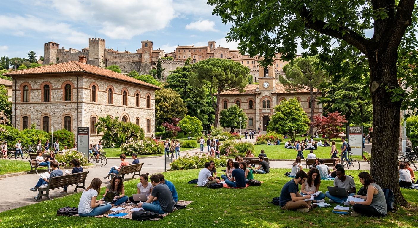 University campus park area in Perugia with Palazzine Prosciutti and Lupattelli buildings, green gardens, students studying outdoors, medieval city walls in background