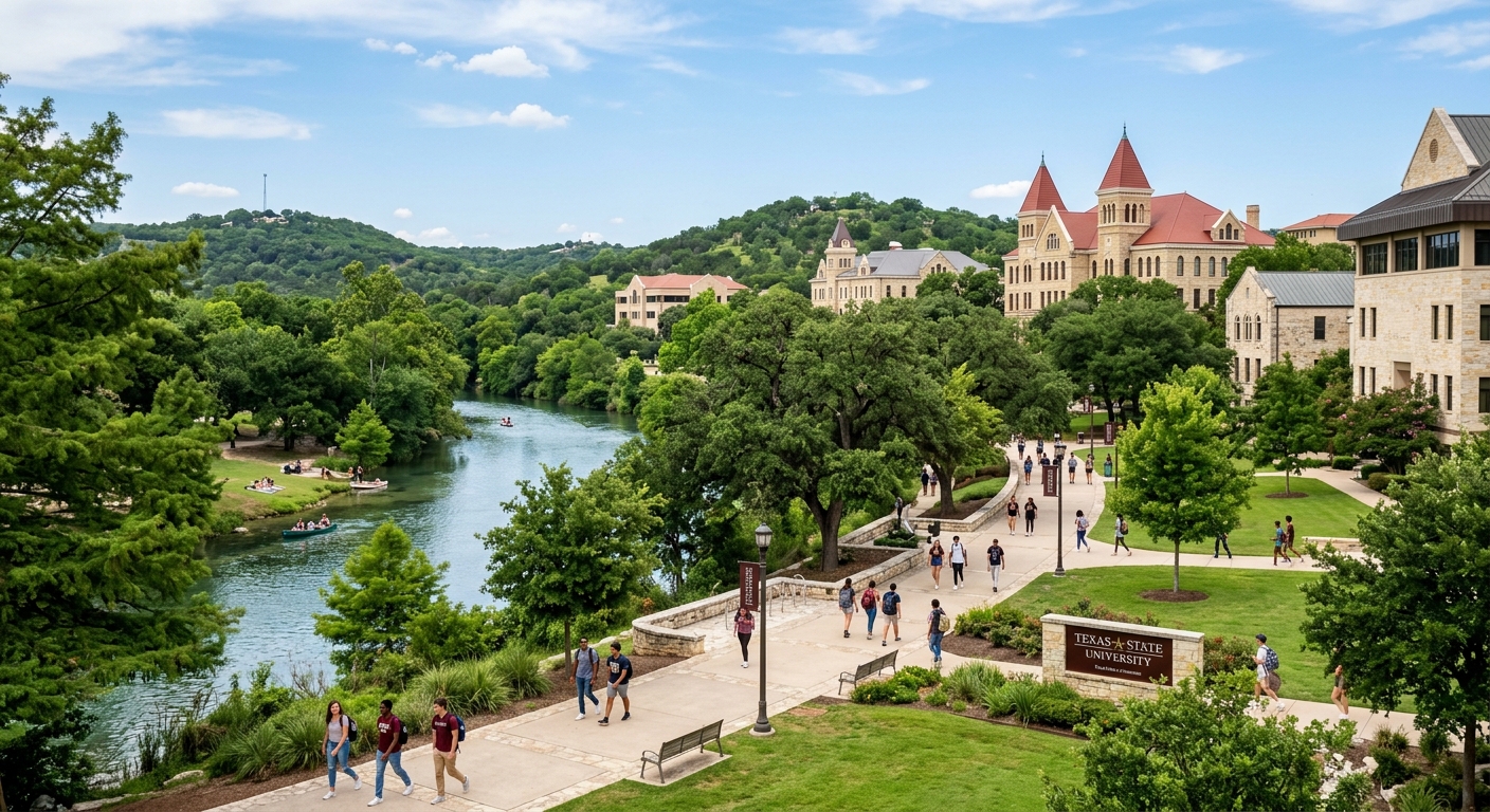 Scenic Texas State University campus in San Marcos with lush green hills, the San Marcos River flowing nearby, students walking along tree-lined pathways with limestone buildings in the background