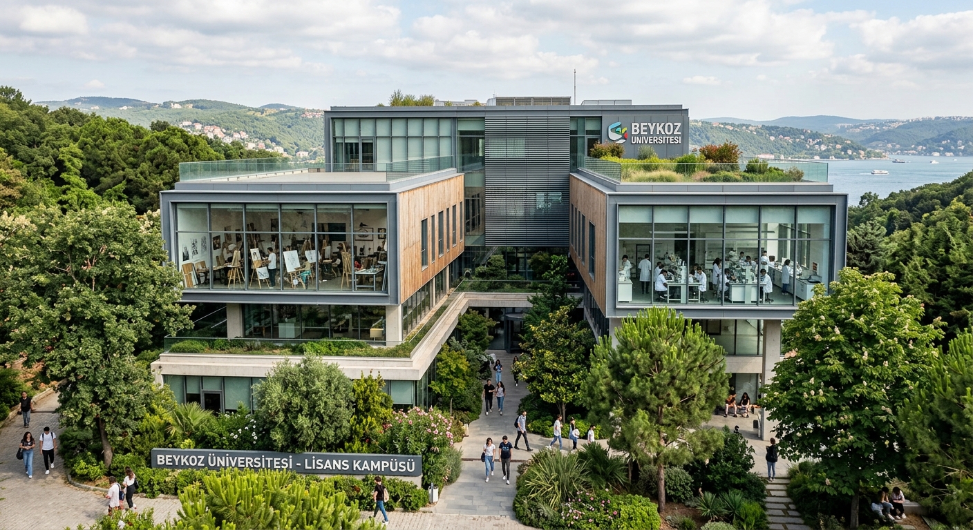Beykoz University undergraduate campus building, contemporary design, drawing workshops and laboratory spaces visible through windows, Istanbul greenery