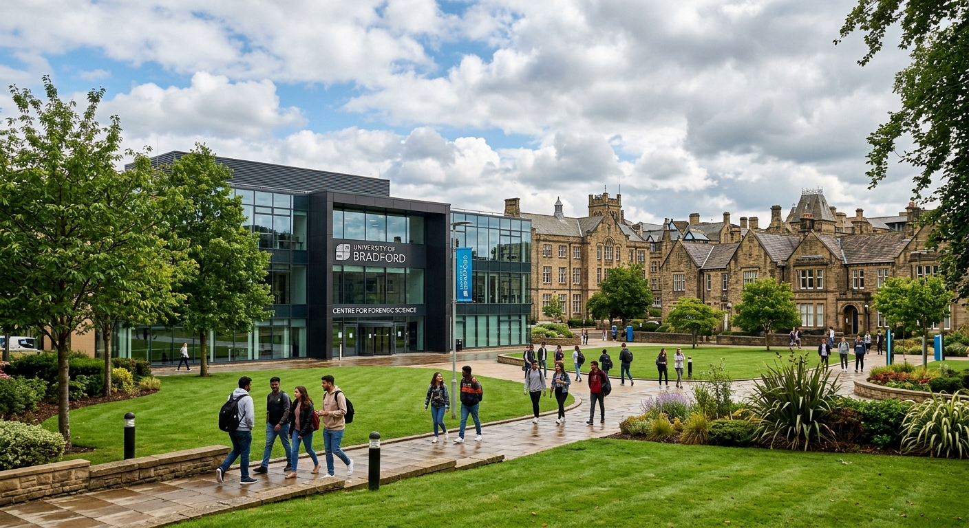 University of Bradford campus with modern forensic science building, students walking on pathways near green lawns, historic Yorkshire architecture in the background under partly cloudy sky