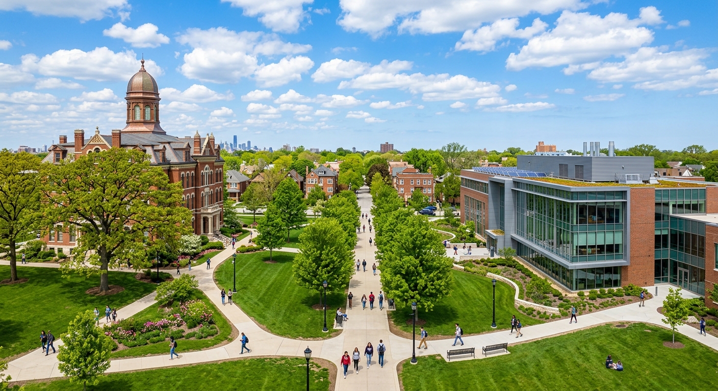 North Park University campus wide shot showing historic Old Main building with cupola, green lawns, tree-lined walkways, and the LEED-certified Johnson Center for Science, set in Chicago's North Park neighborhood on a sunny day