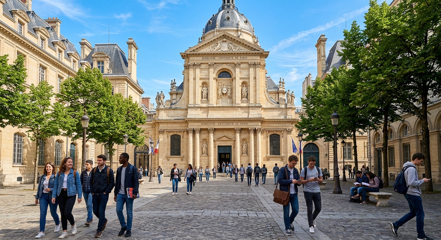 Historic Sorbonne University campus building in Paris Latin Quarter with students walking through courtyard, classical French architecture, sunny day with blue sky