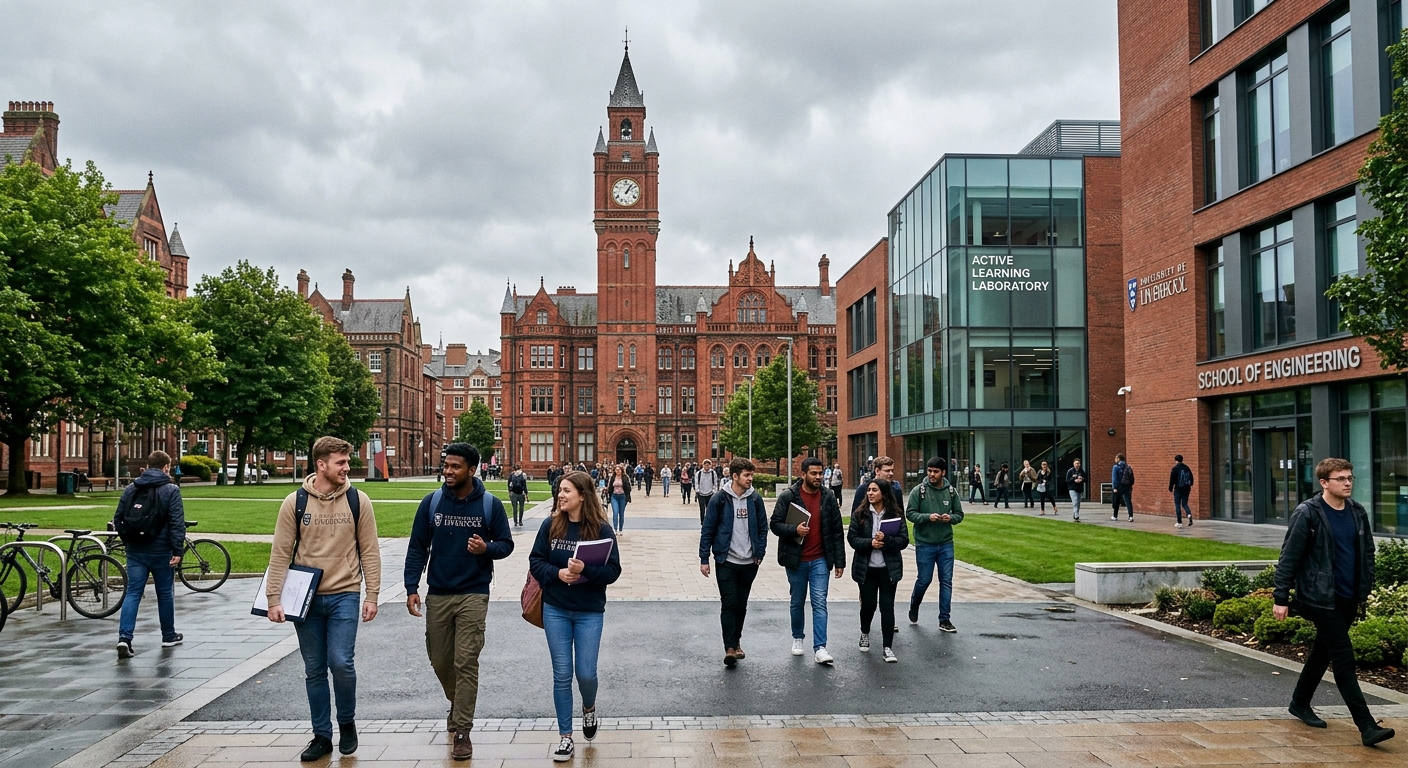 University of Liverpool red brick campus buildings with the iconic Victoria Building in background, engineering students walking across campus, modern School of Engineering facilities visible, overcast Liverpool sky