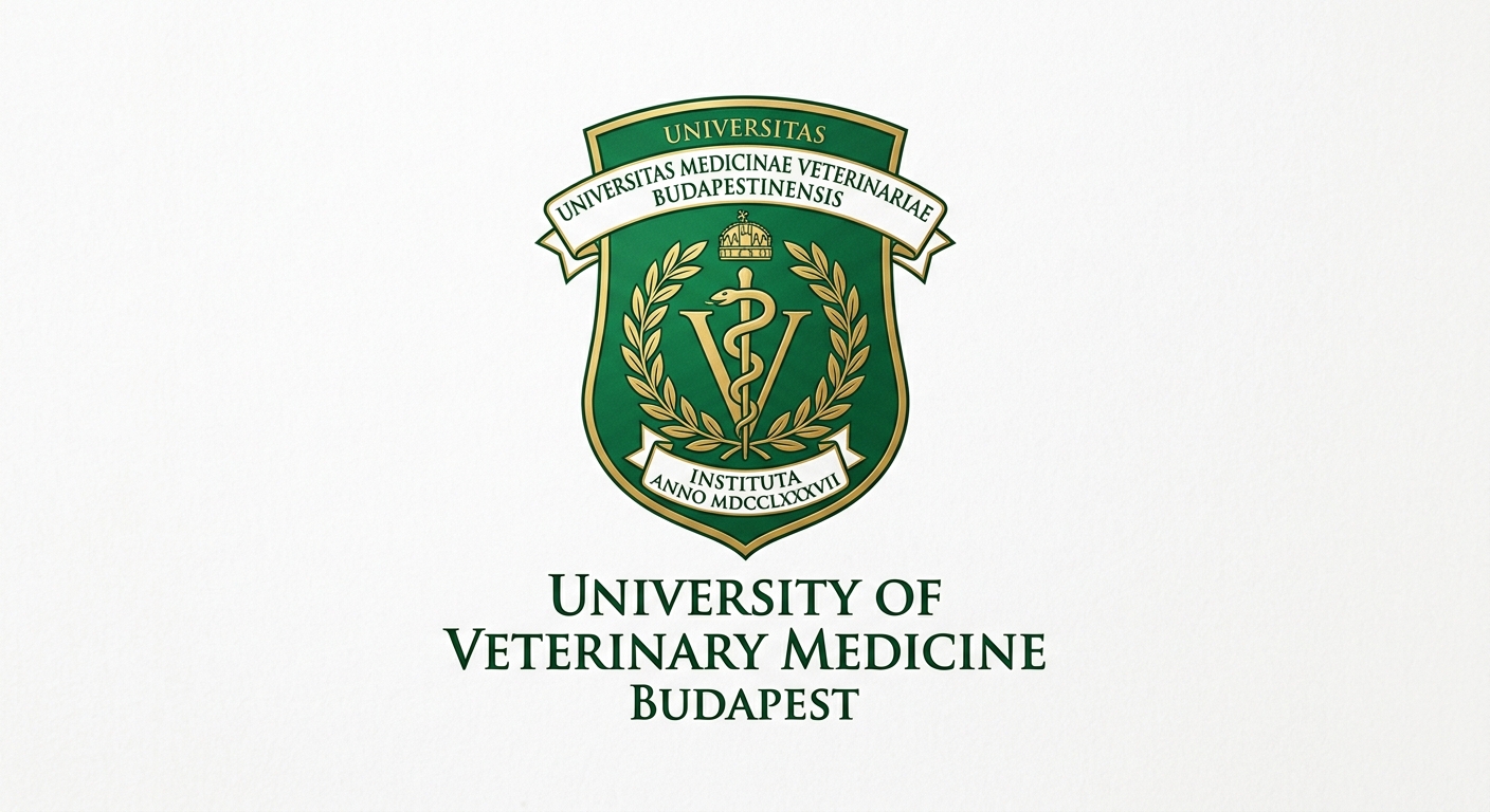 University of Veterinary Medicine Budapest official logo, shield emblem featuring veterinary medical symbols, green and gold color scheme, Latin inscription, clean white background