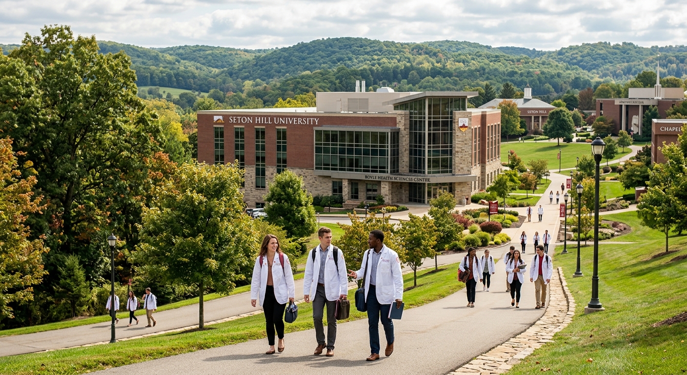 Seton Hill University Boyle Health Sciences Center building on a green 200-acre campus in Greensburg Pennsylvania, students in white lab coats walking along tree-lined pathways with rolling Laurel Highlands hills in the background