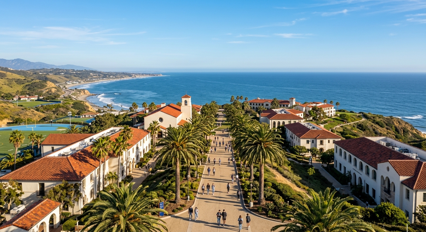 Pepperdine University Malibu campus overlooking the Pacific Ocean, Mediterranean-style buildings with red tile roofs set against coastal hills, students walking along palm-tree-lined pathways under clear blue skies
