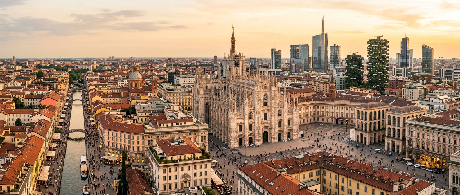 Milan cityscape panorama, Duomo cathedral in center, modern skyscrapers of Porta Nuova district in background, Navigli canal district visible, golden hour lighting, vibrant urban atmosphere