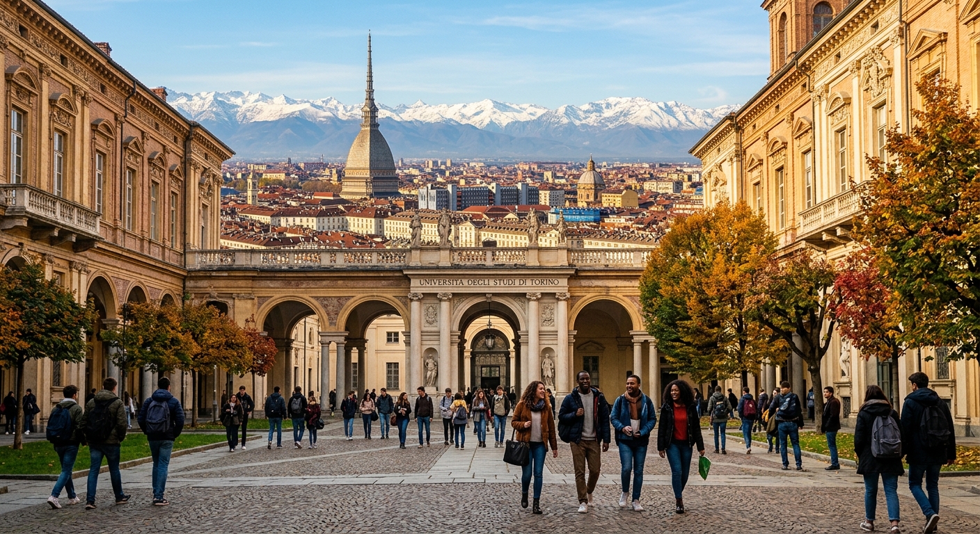 Historic University of Turin campus building with baroque architecture in Turin Italy, students walking through courtyard, Piedmont region cityscape in background with Alps visible, autumn sunlight